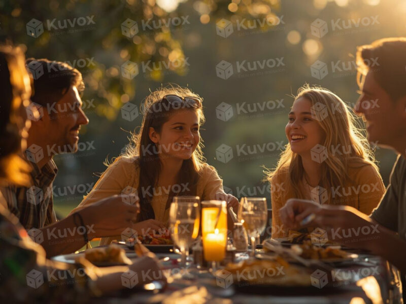 Friends sharing dinner at sunset