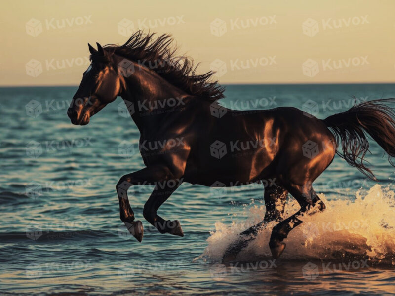 Caballo negro galopando junto al mar